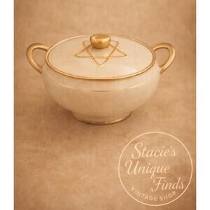 Mid Century Modern Milk Glass Covered Vegetable Bowl Atomic Gold Handles